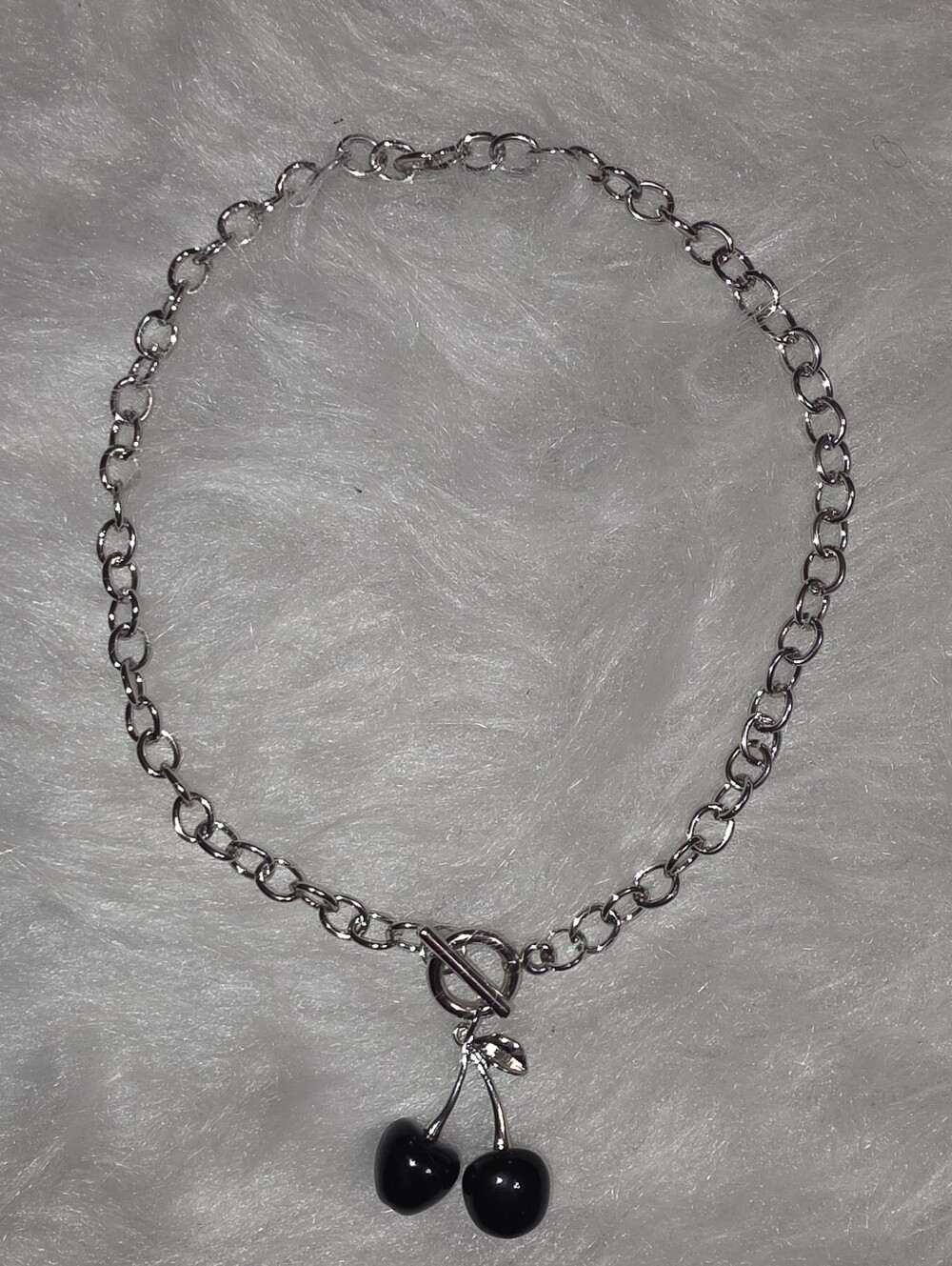 Silver 16" Chain Necklace with Black Cherry Pendant - Unbranded